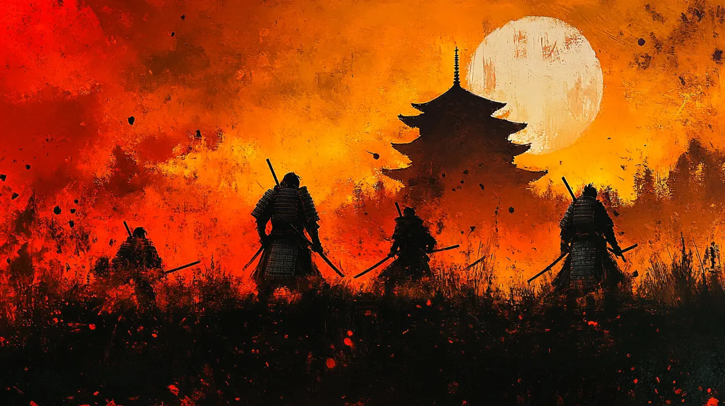 Samurai-Statuen kämpfen auf einem mystischen Fantasy-Schachbrett