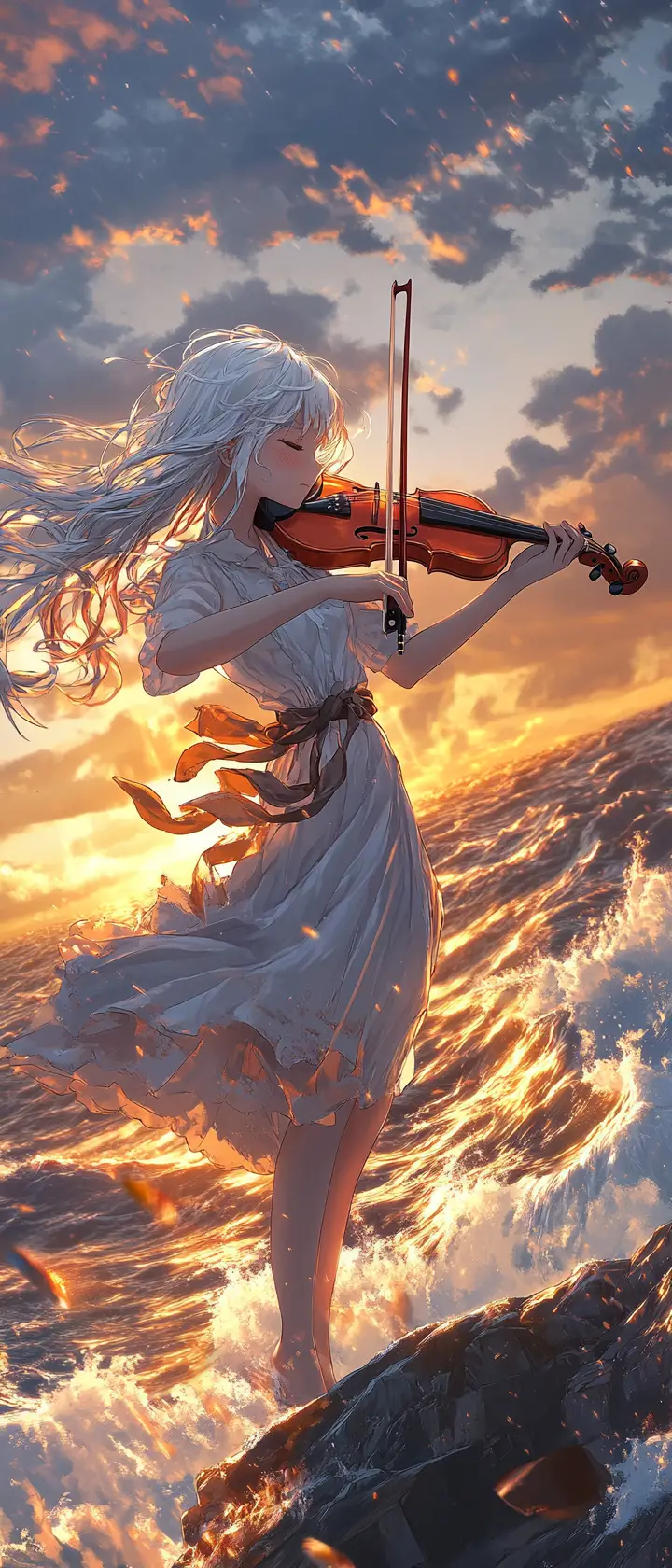 Anime girl playing violin on a cliff at sunset