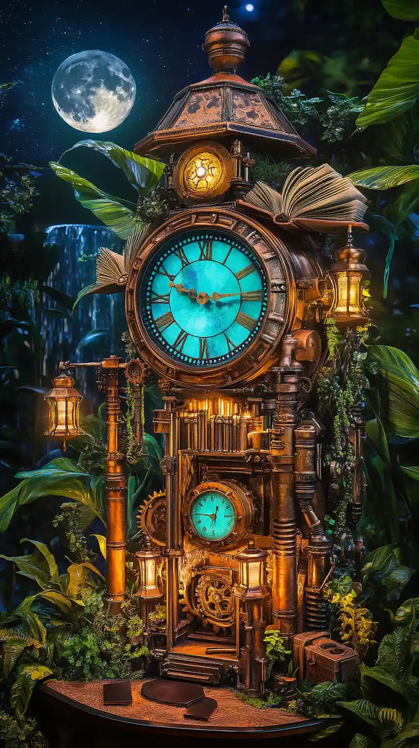 Macchina orologio steampunk che brilla in una giungla al chiaro di luna