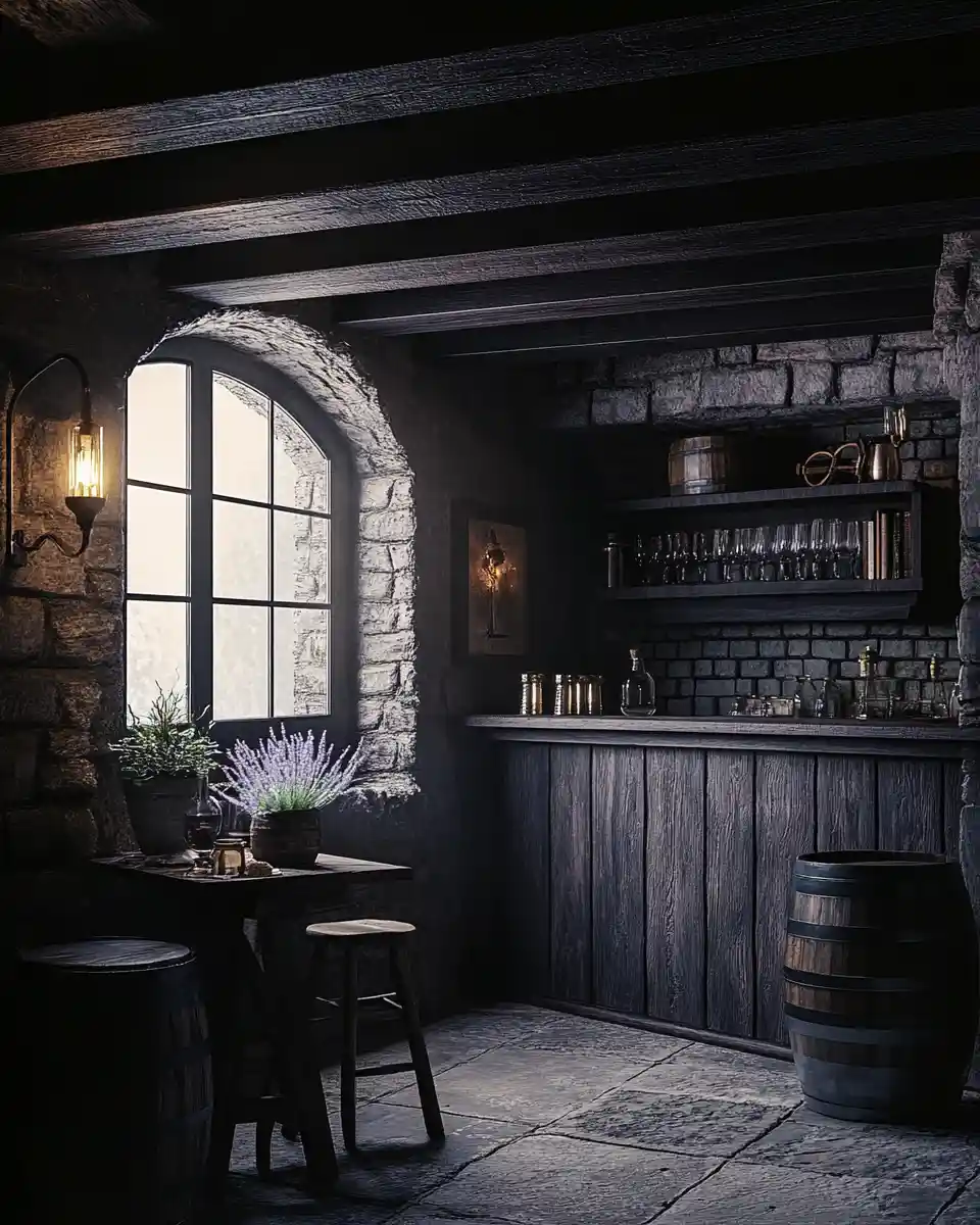 Rustic medieval tavern basement nook with moody lighting