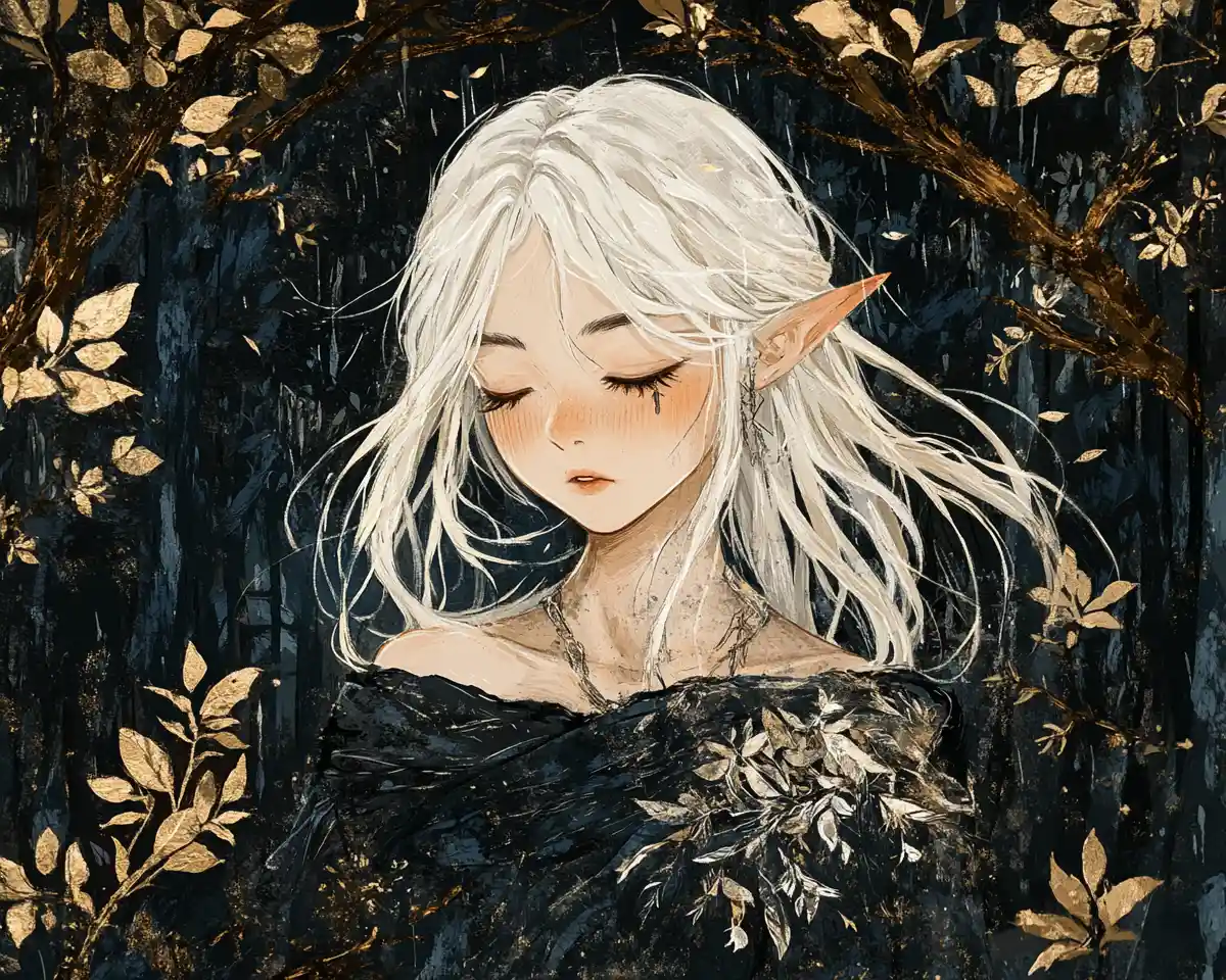 Young japanese sorceress in a rainy post apocalyptic forest