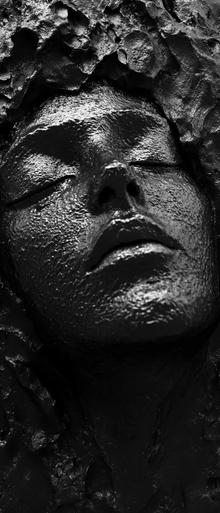 Abstrakte schwarze Gesichts­skulptur, die aus wirbelnder Dunkelheit auftaucht