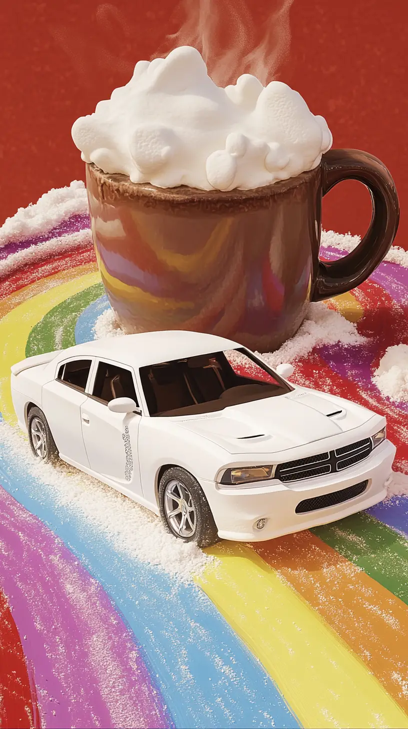 Muscle car en guimauve roulant sur une route arc-en-ciel éclatante