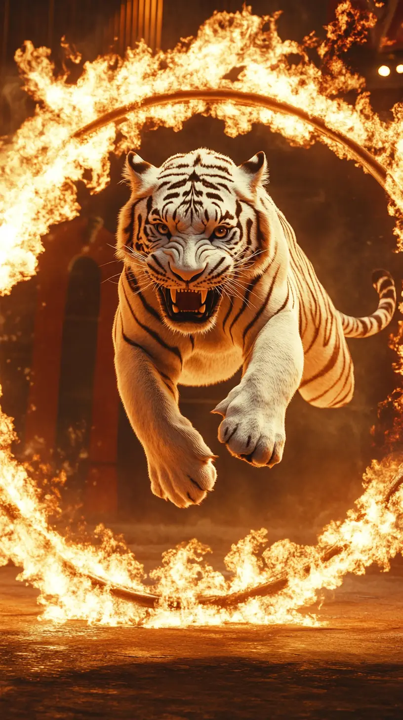 Tigre bianca che salta attraverso un infuocato cerchio di fuoco da circo