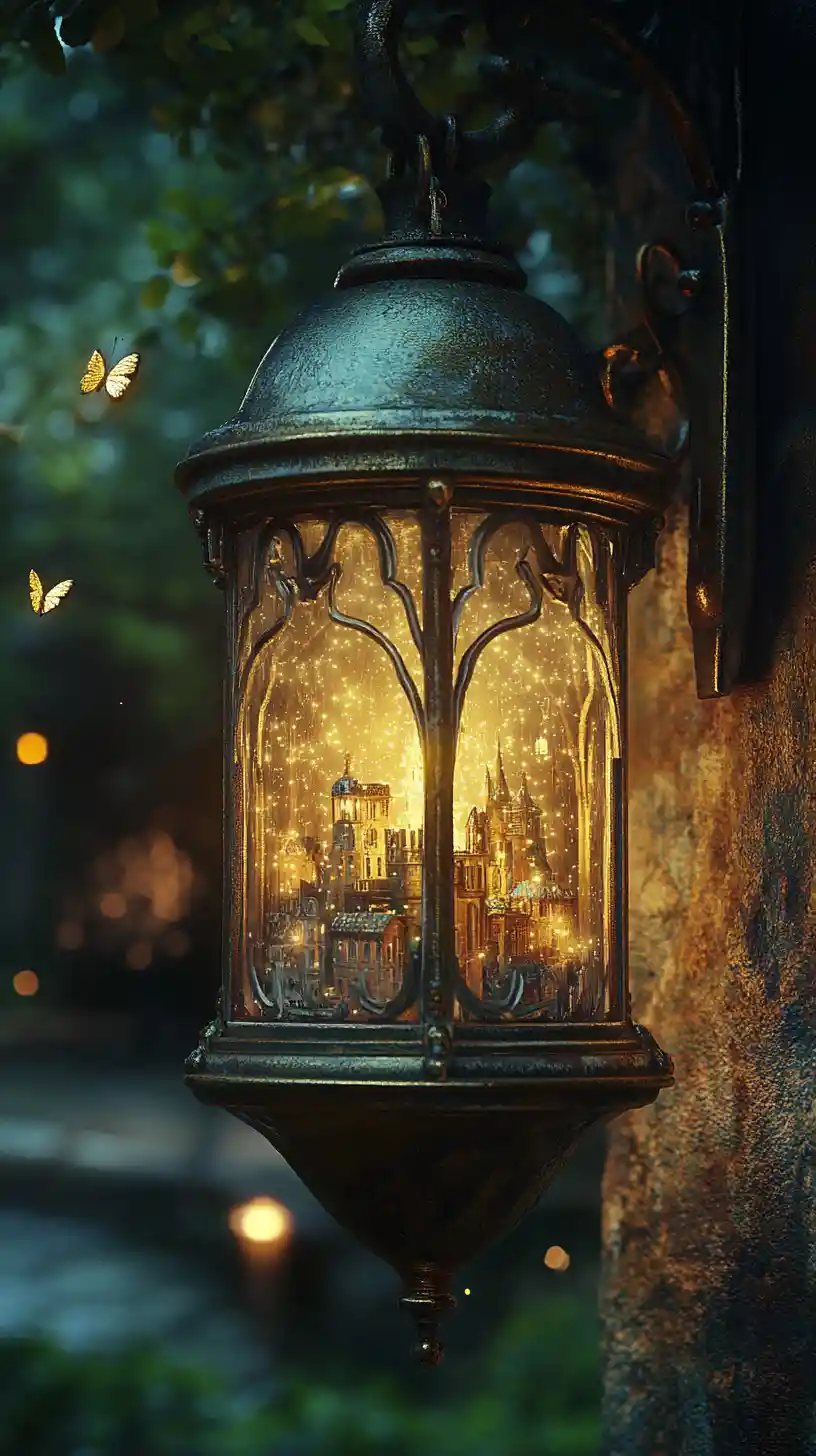 Lanterna antica mistica con città in miniatura luminosa