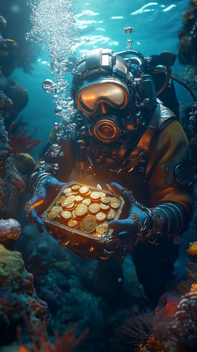 Steampunk diver discovering treasure chest in colorful coral reef
