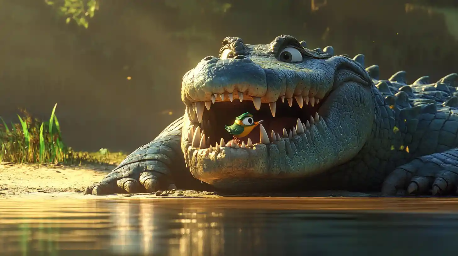 Playful crocodile and brave bird in pixar style scene
