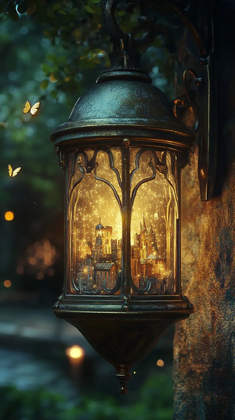 Lanterne ancienne mystique avec ville miniature lumineuse