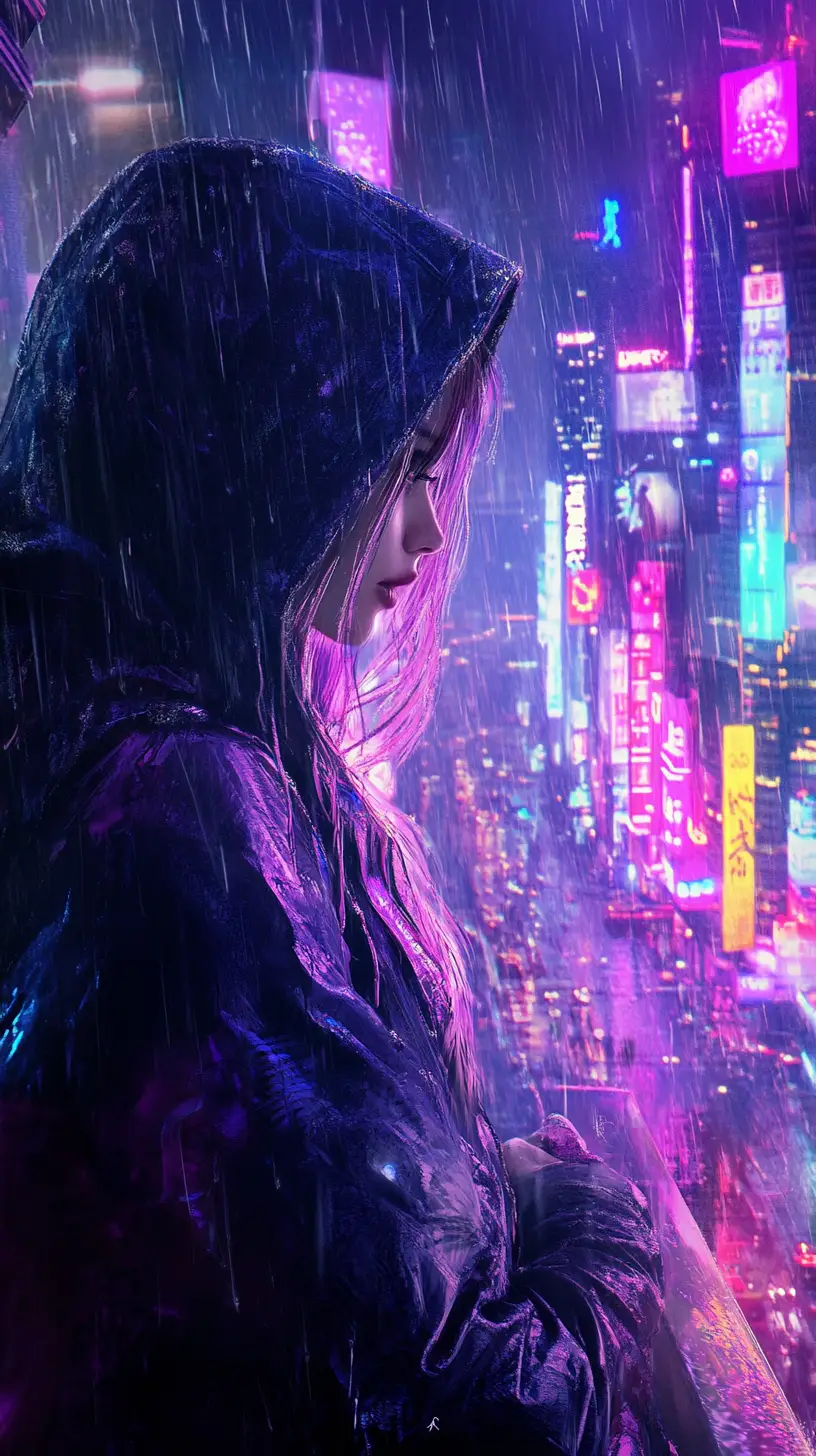 Cyberpunk-Girl mit Kapuzenjacke über einer Neon-Stadtlandschaft