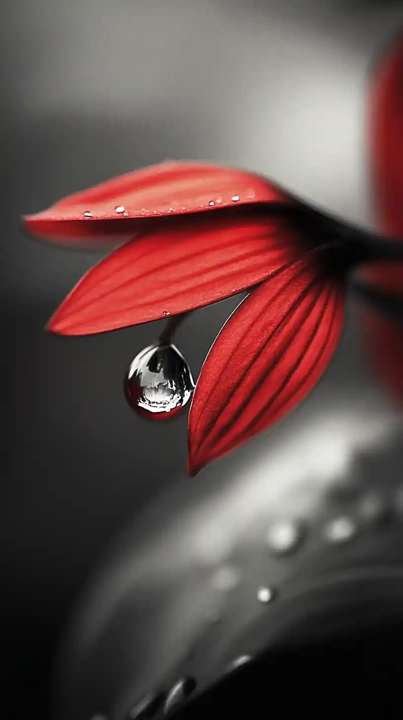 灰階世界中倒映在雨滴裡的紅色花瓣