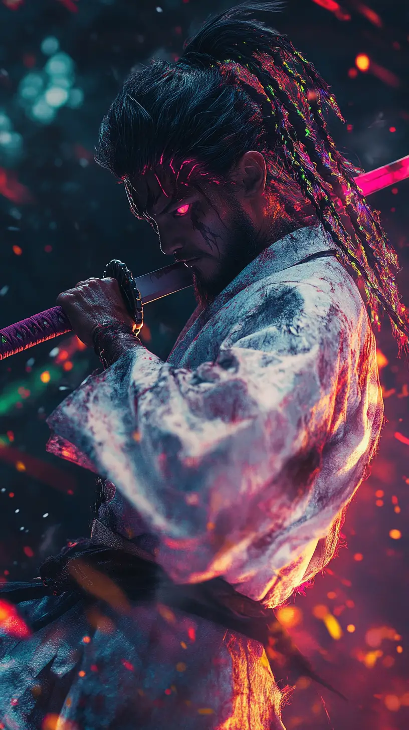 Guerreiro samurai com katana em caverna espiritual luminosa