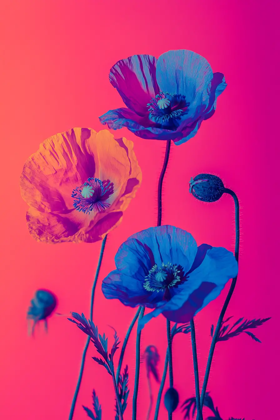 Pop-Art-Mohnblumen auf neonpinken abstraktem Hintergrund