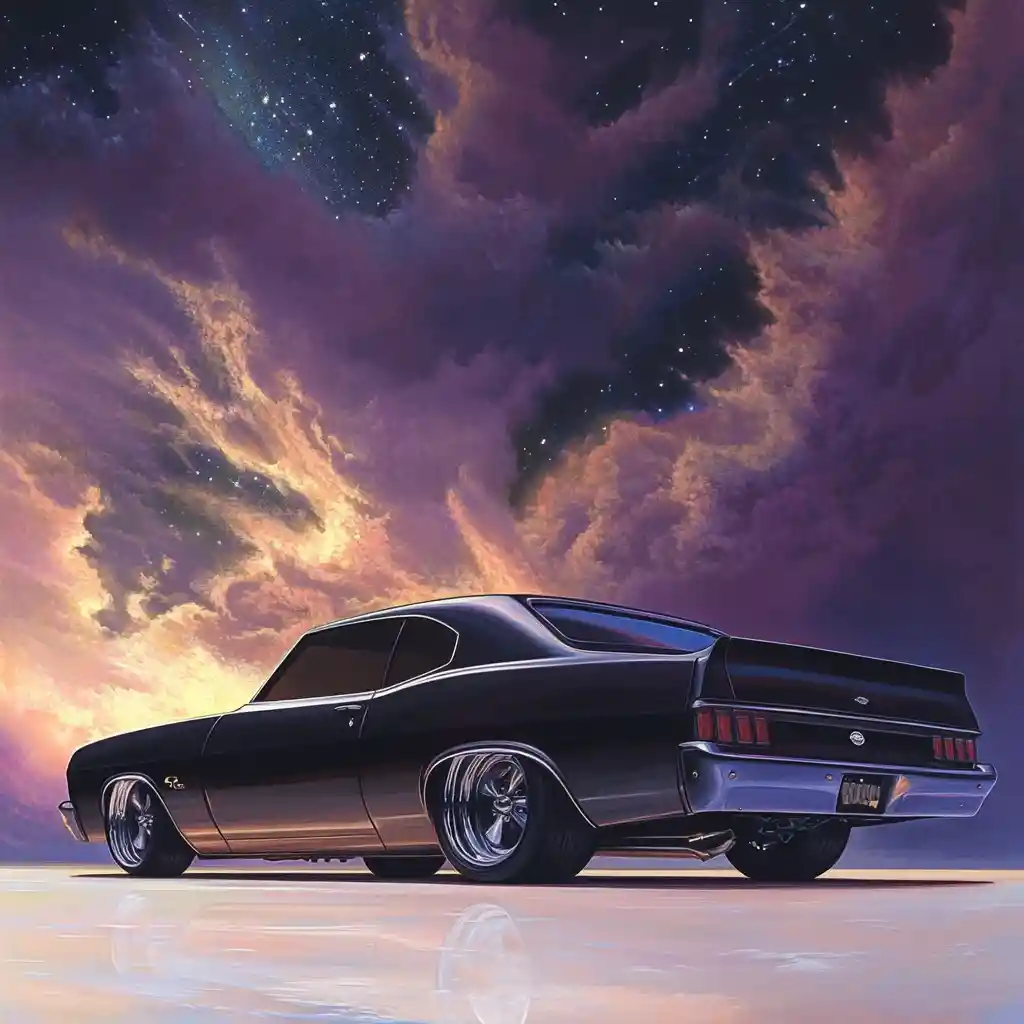 Flat black 1971 Chevy Nova with wide rear racing tires