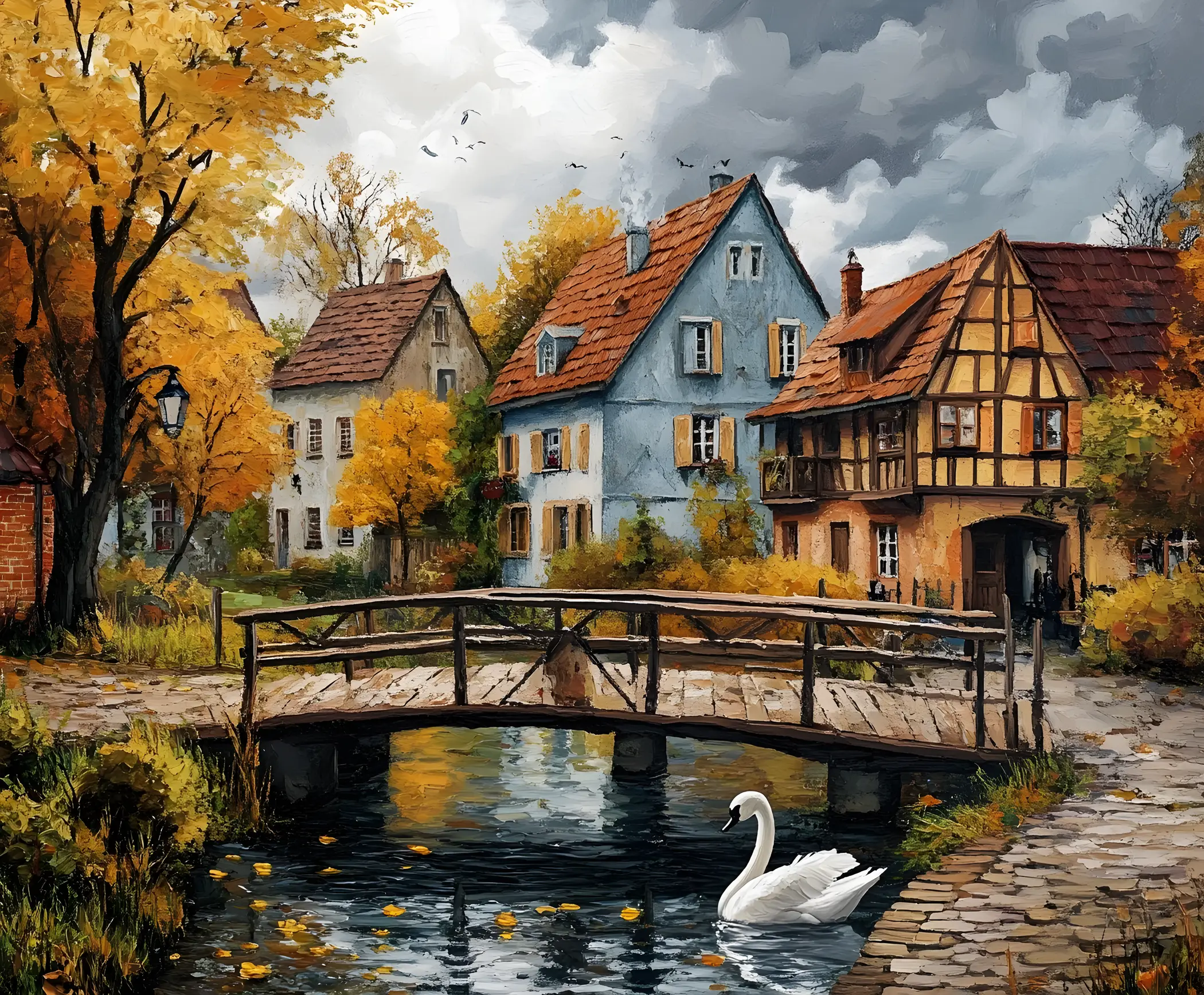 Herbstliches Flussufer mit alten Häusern und Holzbrücke