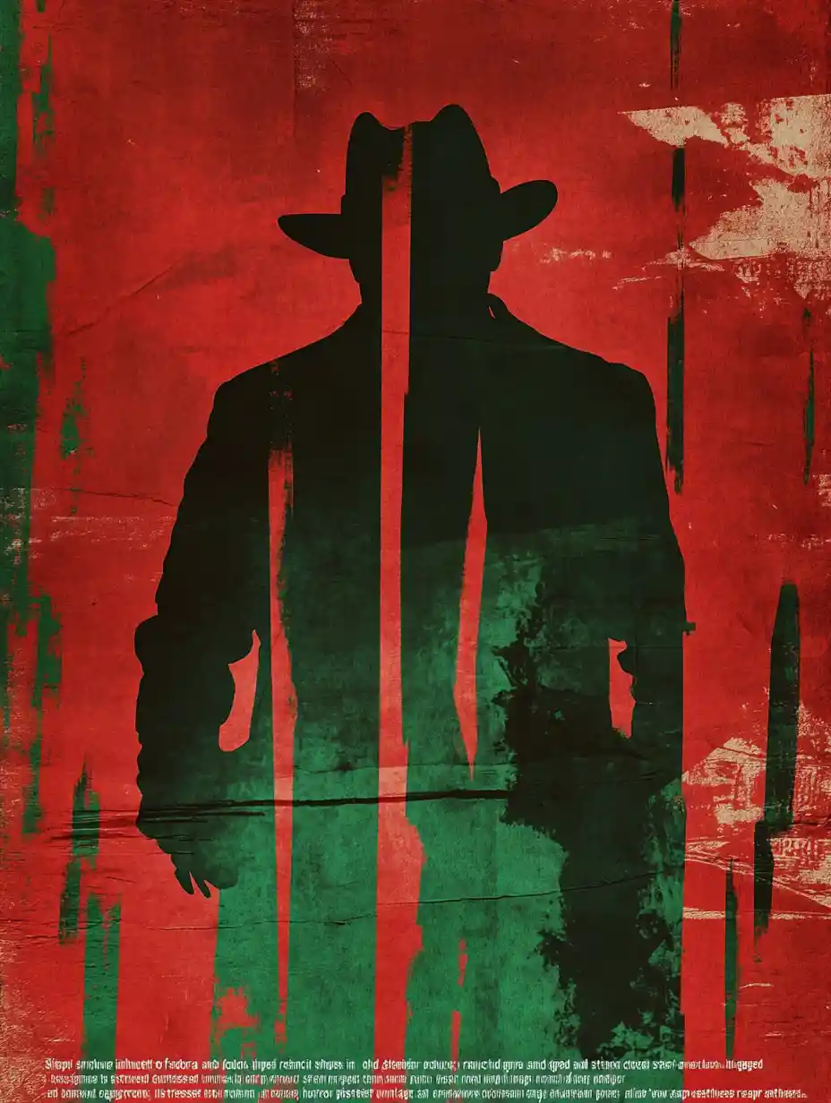 Silhouette minimalista di fedora e guanto su poster horror rovinato