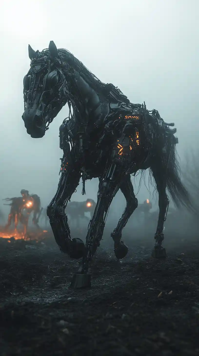 Cavaliere apocalittico della guerra che cavalca in un oscuro campo di battaglia avvolto nella nebbia
