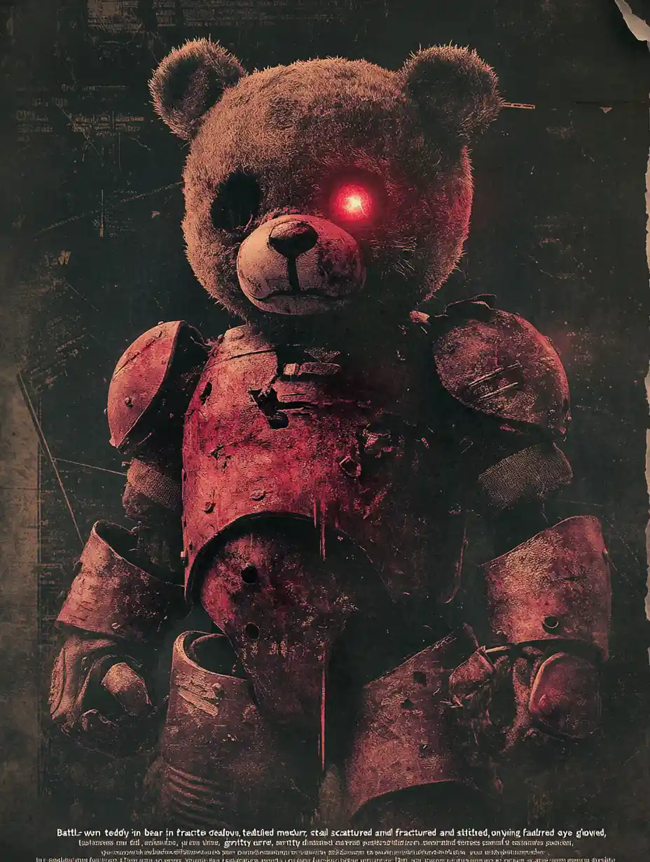 Armored teddy bear in torn urban horror poster design