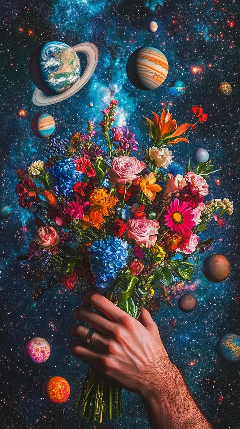在宇宙夜色中手捧行星造型花束
