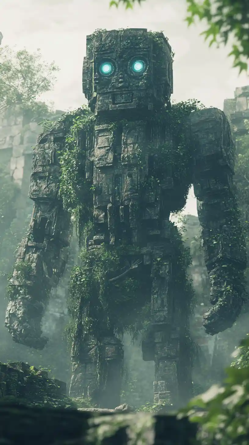 Ancient jungle robot guarding towering Mexican pyramids