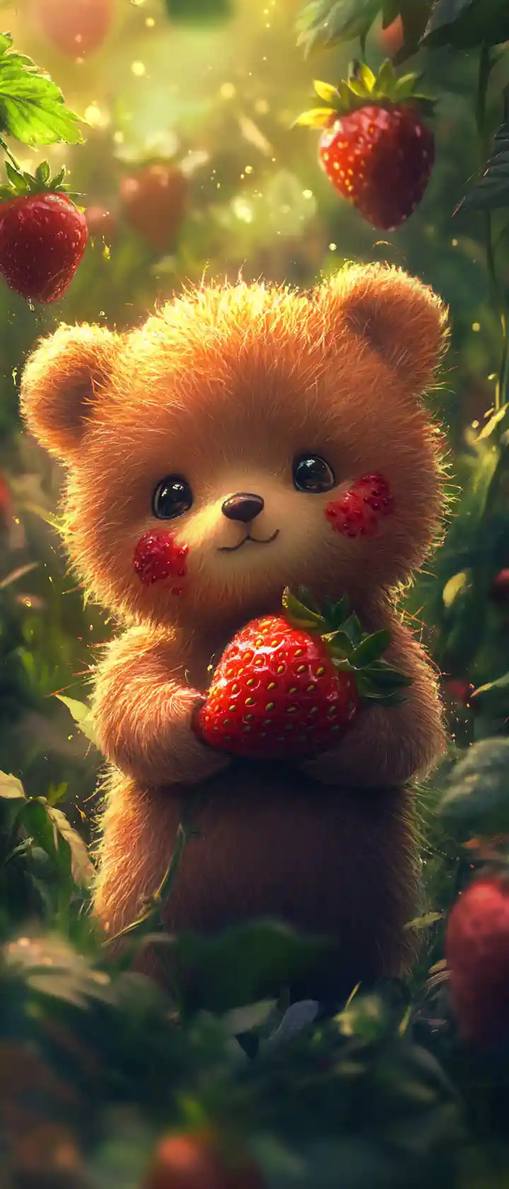Dolce cucciolo di orso con fragola in un giardino soleggiato