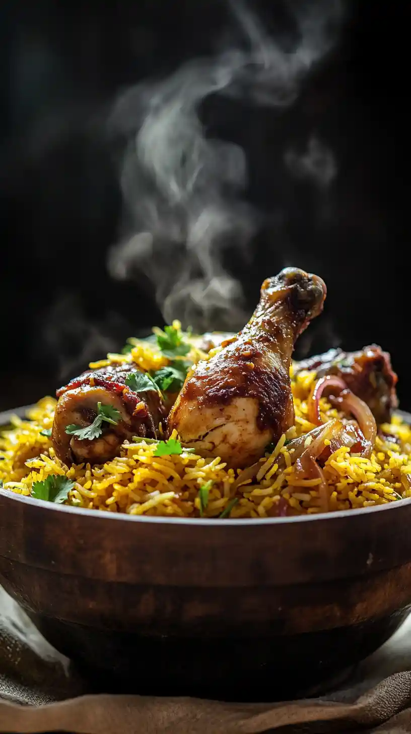 Steaming Chicken Biryani In Rustic Wooden Bowl Close Up
