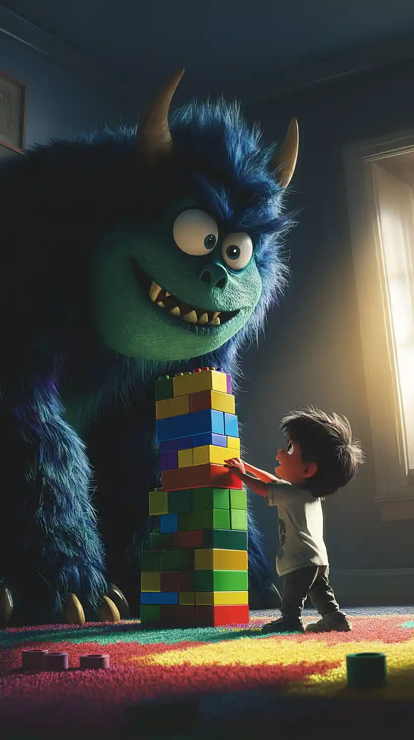 Kind baut bunten Blumenturm mit freundlichem Monster