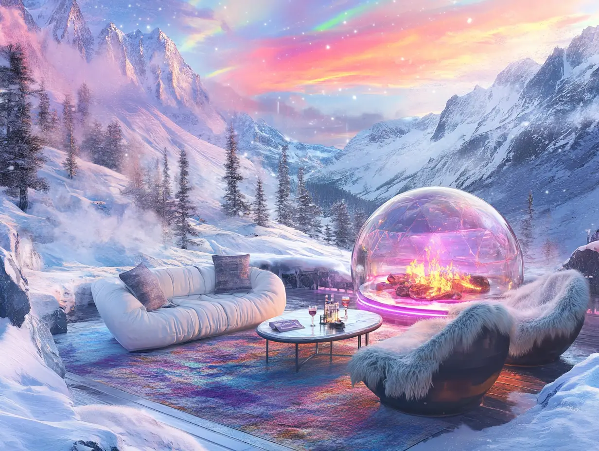 Luxuriöse Bergterrassen-Lounge mit Glaskuppel und Whirlpool