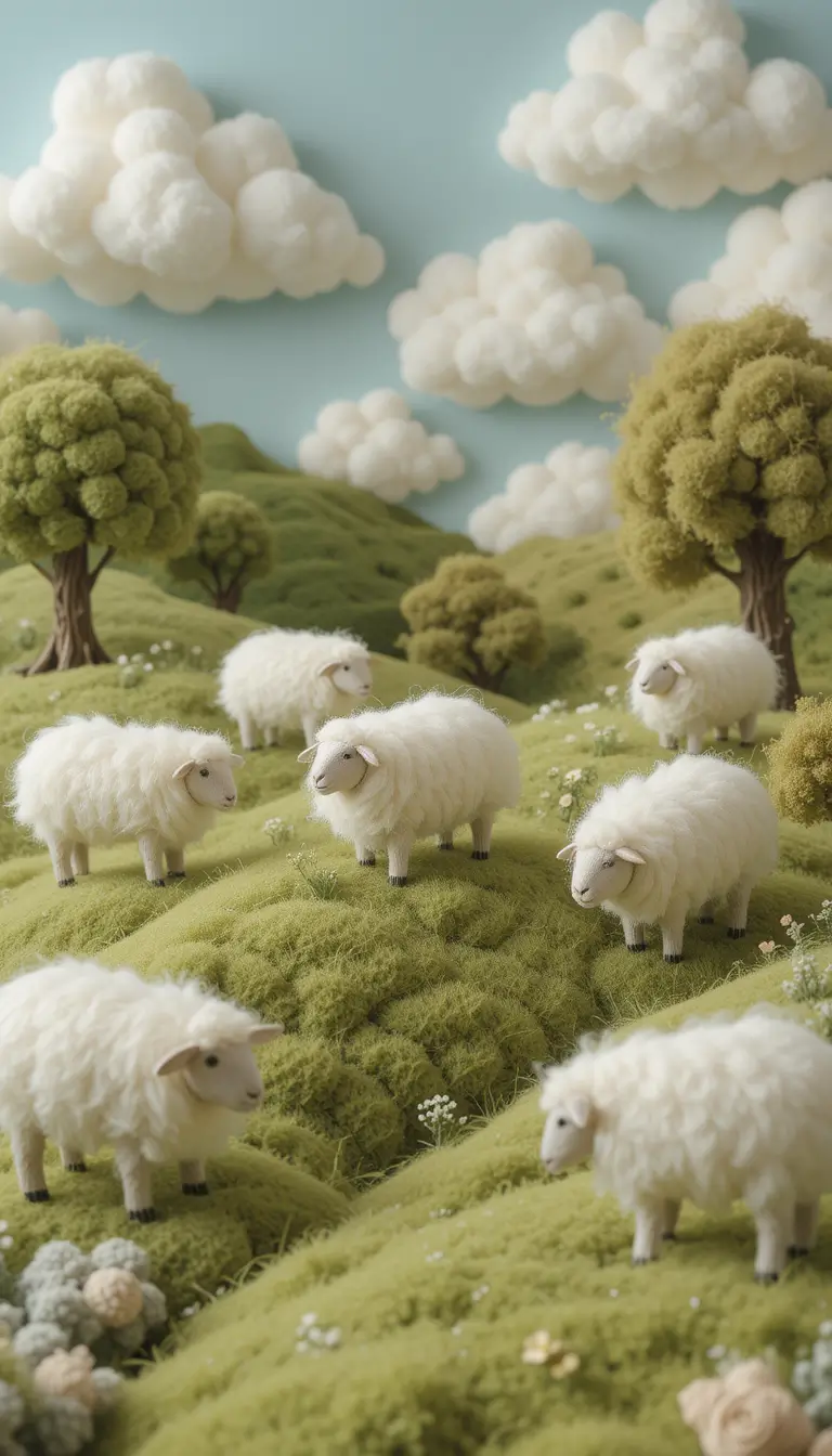 Gemütliches 3D-Diorama mit Wollschafen auf einer Filzweide