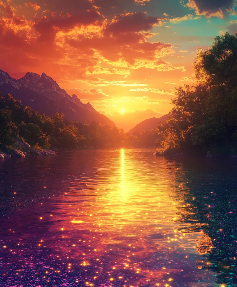 Buntes Morgenlicht funkelt über einem ruhigen Fluss