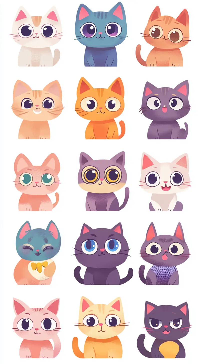 Adorables chats cartoon anthropomorphes dans une illustration en grille colorée