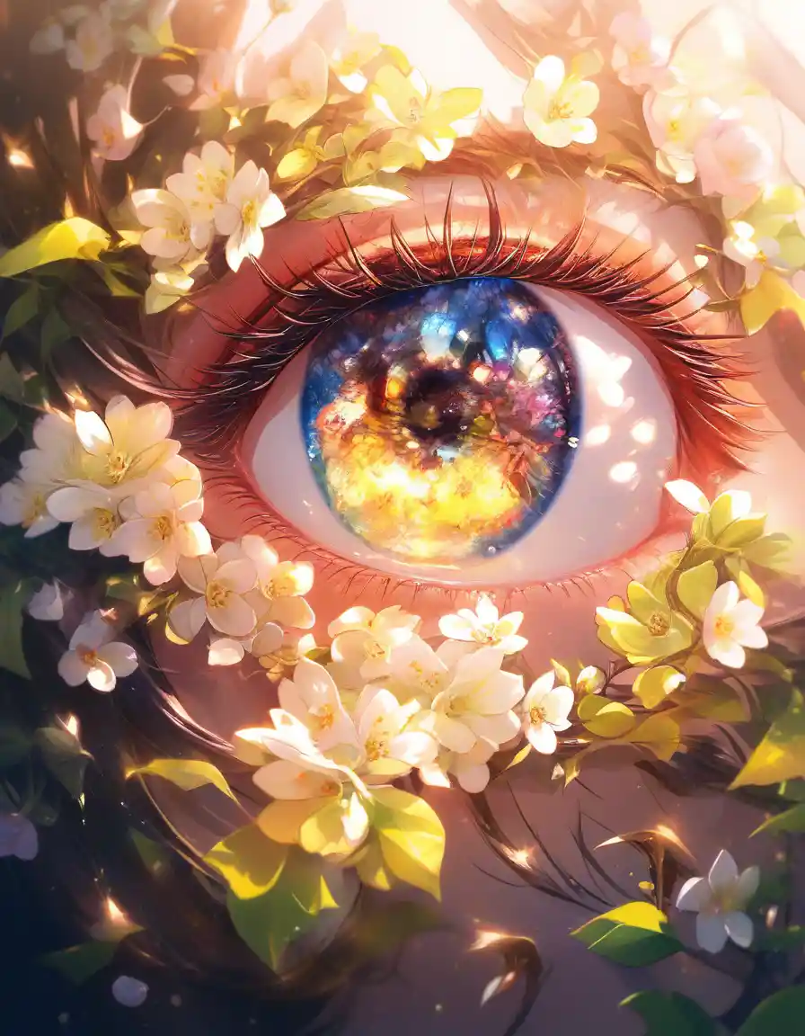 Illustrazione macro di un occhio con un vivace paesaggio primaverile all'interno
