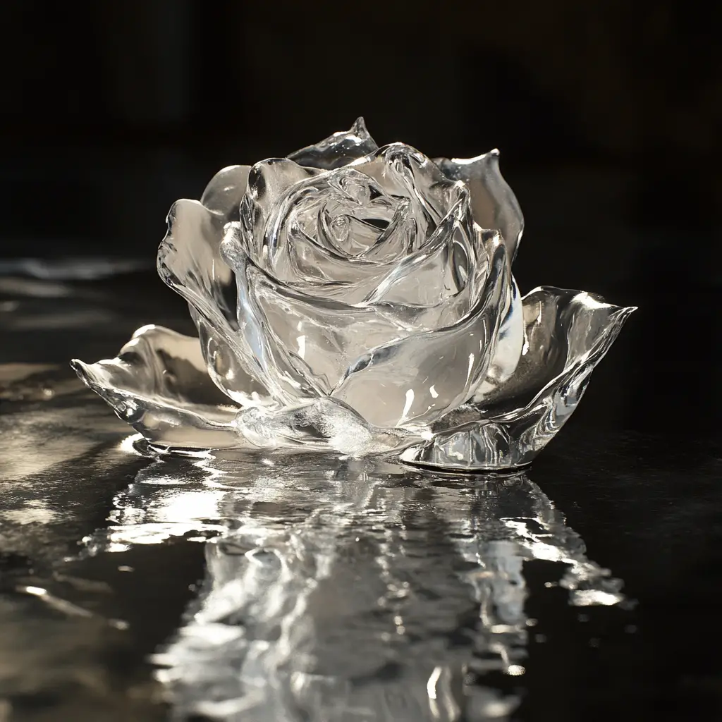 Melting Ice Rose On Dark Table With Sunlight Reflection