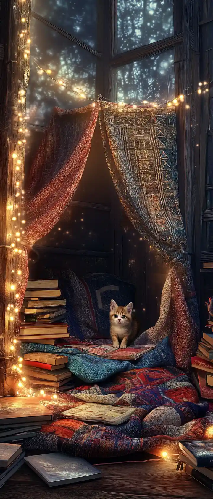 Angolo lettura accogliente con gattino giocherellone e lucine decorative