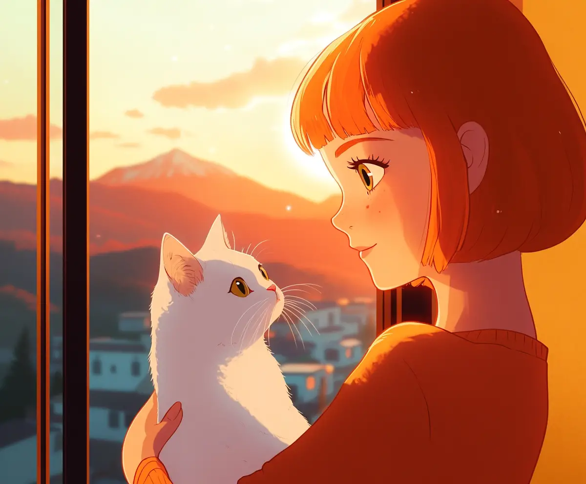 Fille avec un chat blanc regardant le coucher de soleil depuis la fenêtre