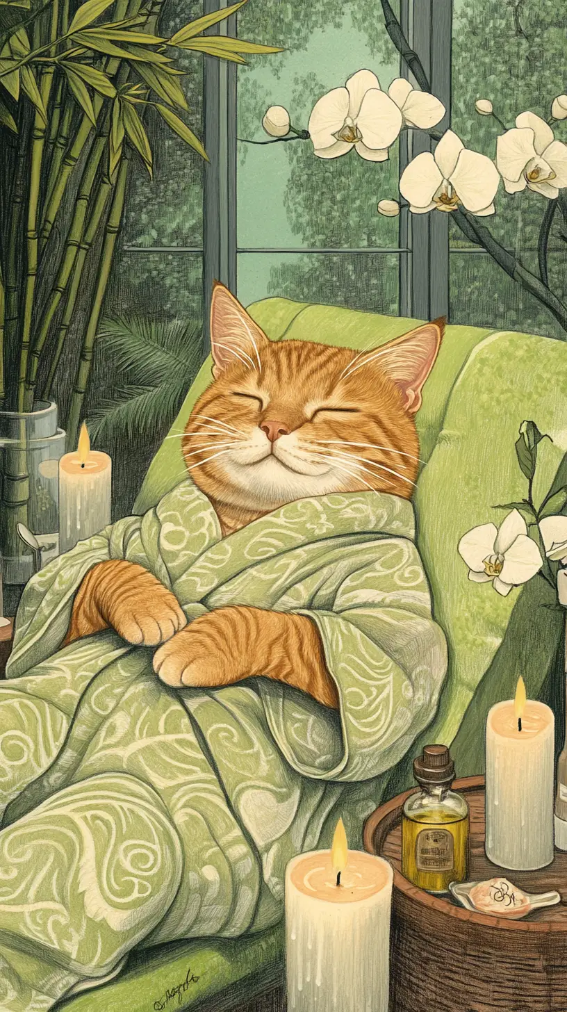 Getigerte orange Katze entspannt in einem gemütlichen Spa-Raum