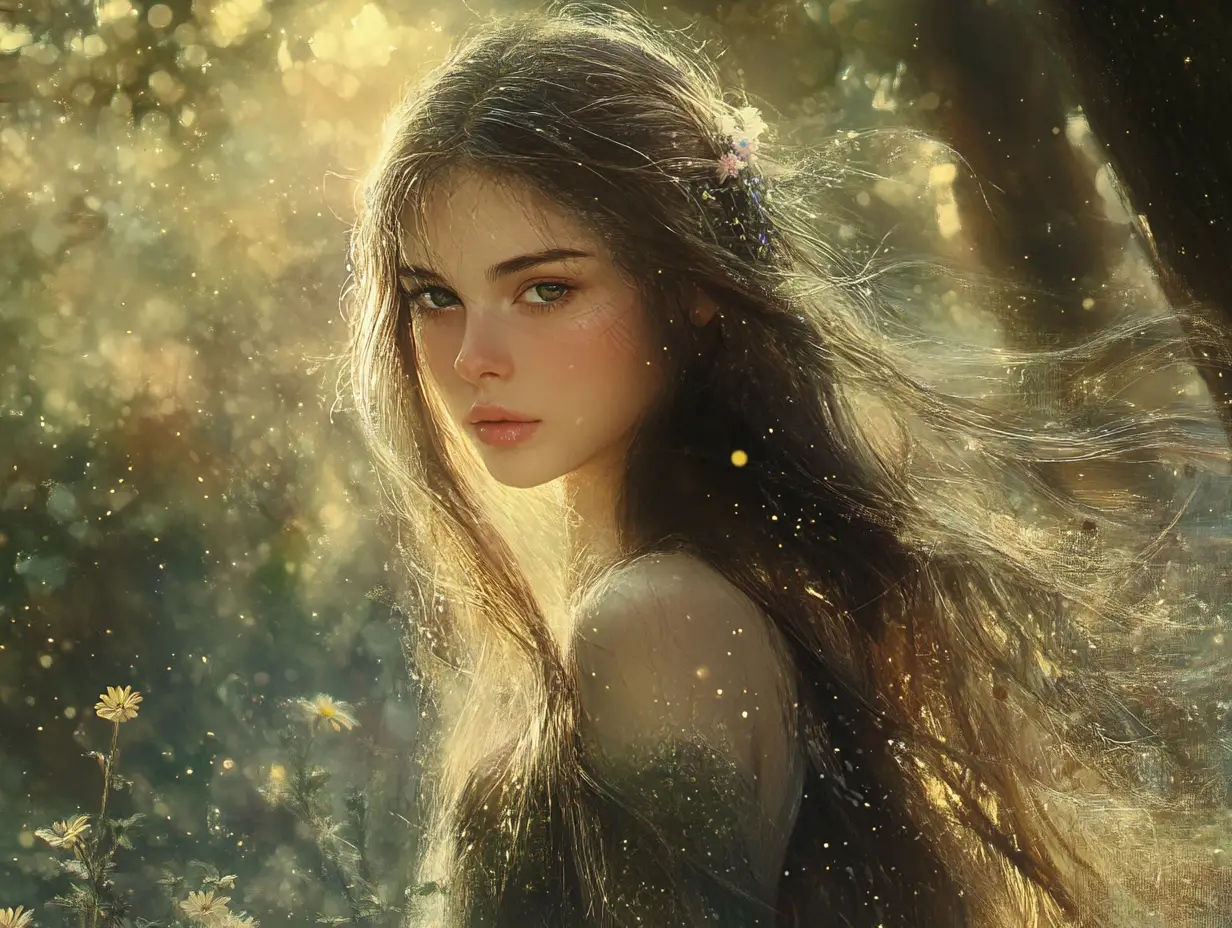 Ethereal woman standing in a mystical sunlit forest