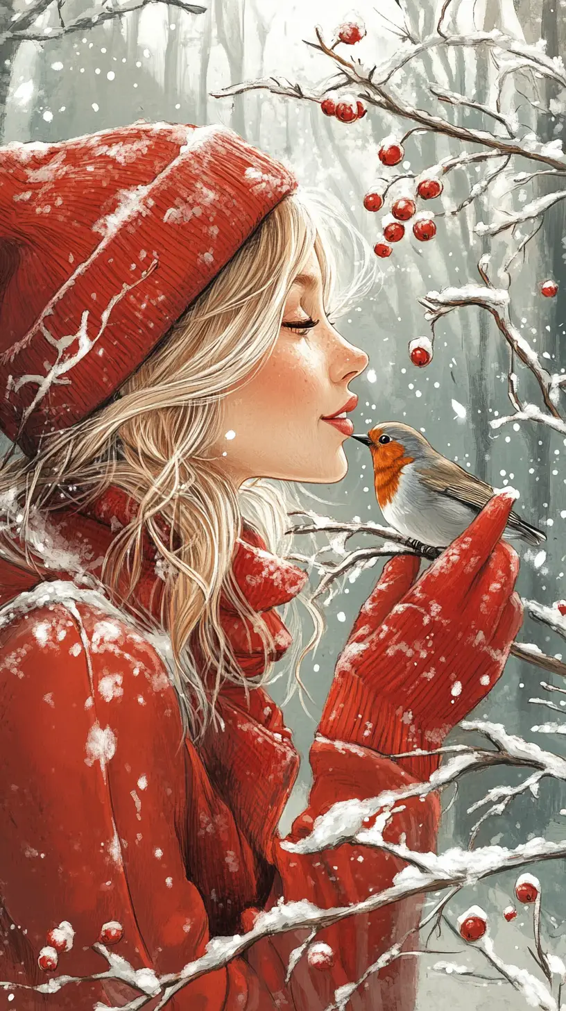 Woman In Red Winter Coat With Robin In Snowy Forest