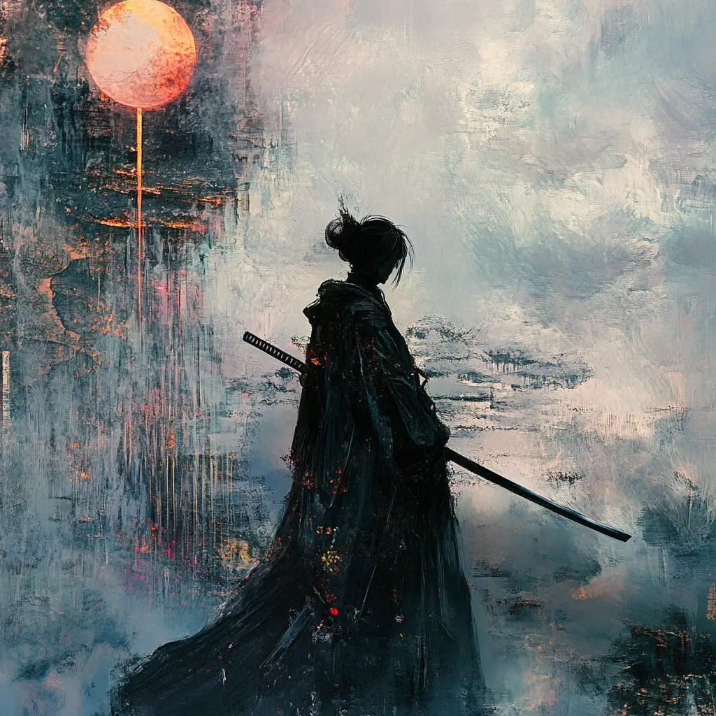 達達主義極簡風女戰士於超現實外星拼貼中