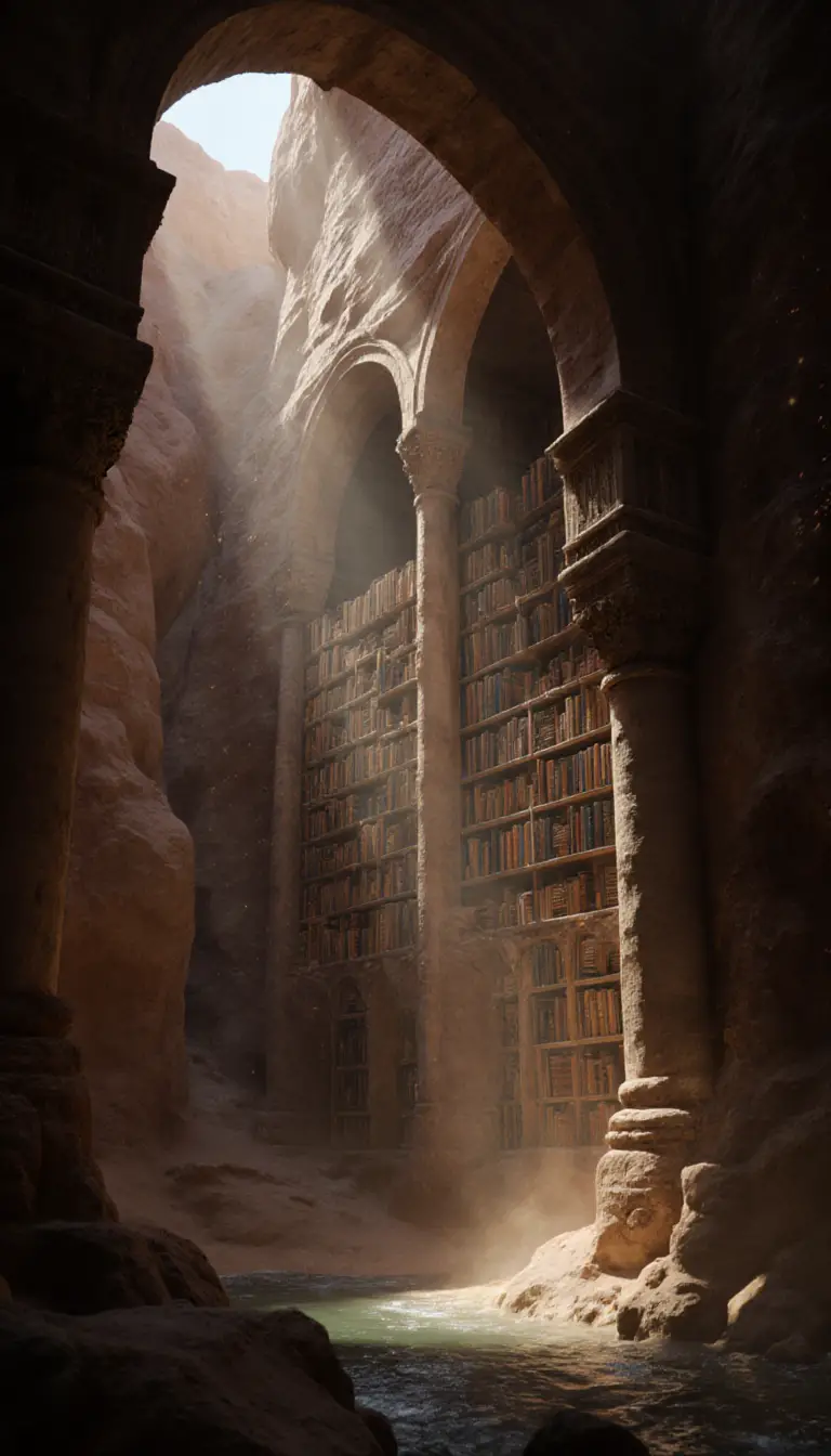 Antike Canyon-Bibliothek mit Steinbögen und Flussblick