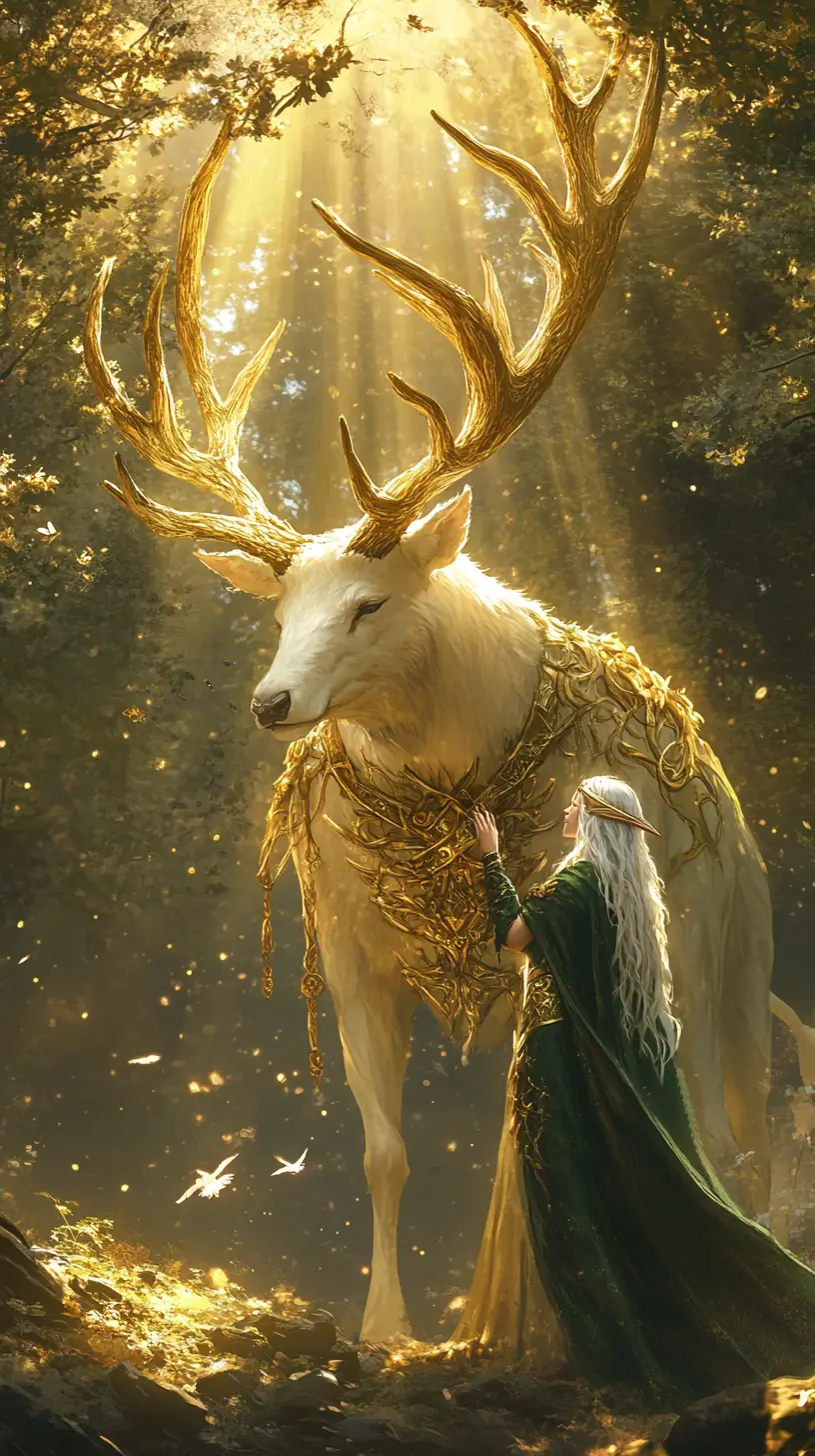 Cerf blanc gardien et elfe dans la lumière de la forêt enchantée