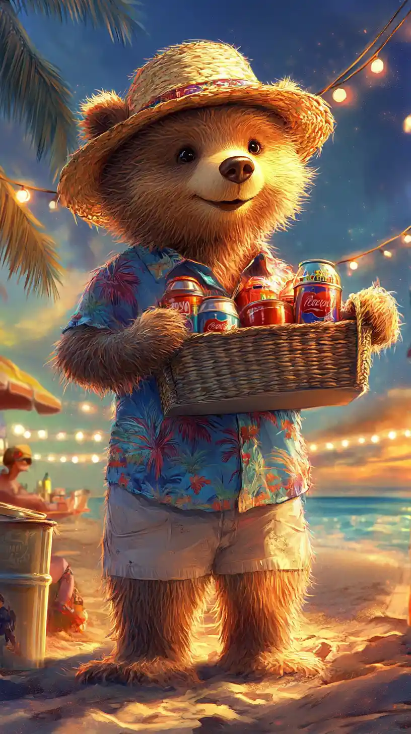 Dolce orsetto venditore in stile cartoon in un colorato tramonto sulla spiaggia