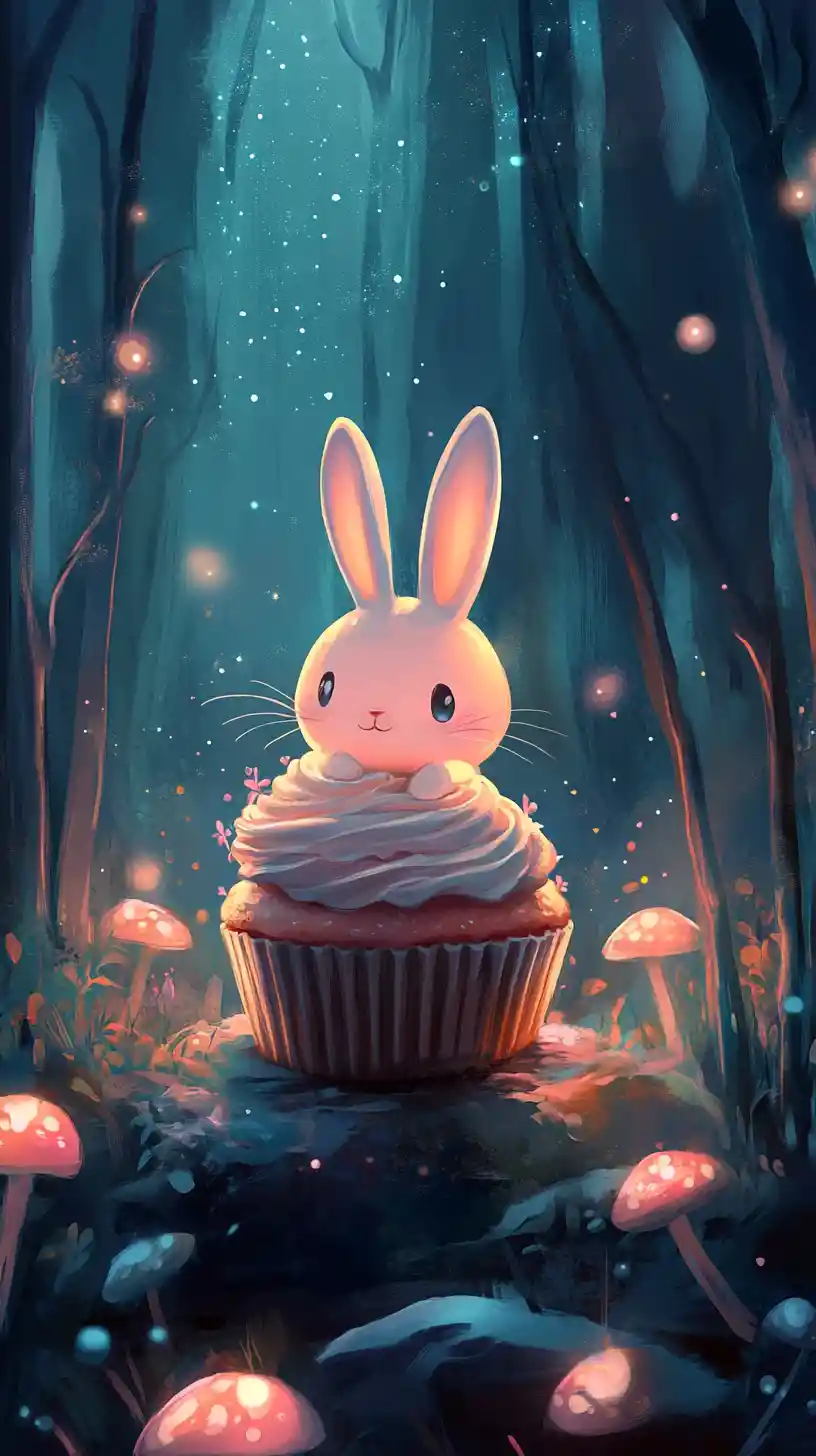 Adorable lapin dans un cupcake dans une forêt nocturne lumineuse