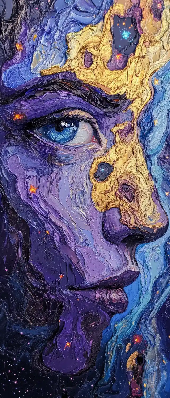 Volto che emerge da un mare cosmico in colori espressivi