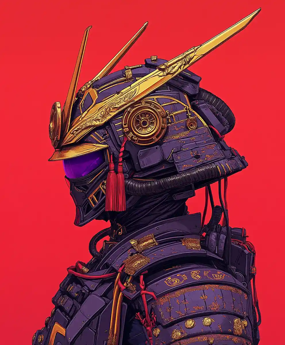Samurai inspired mecha portrait with ornate purple armor