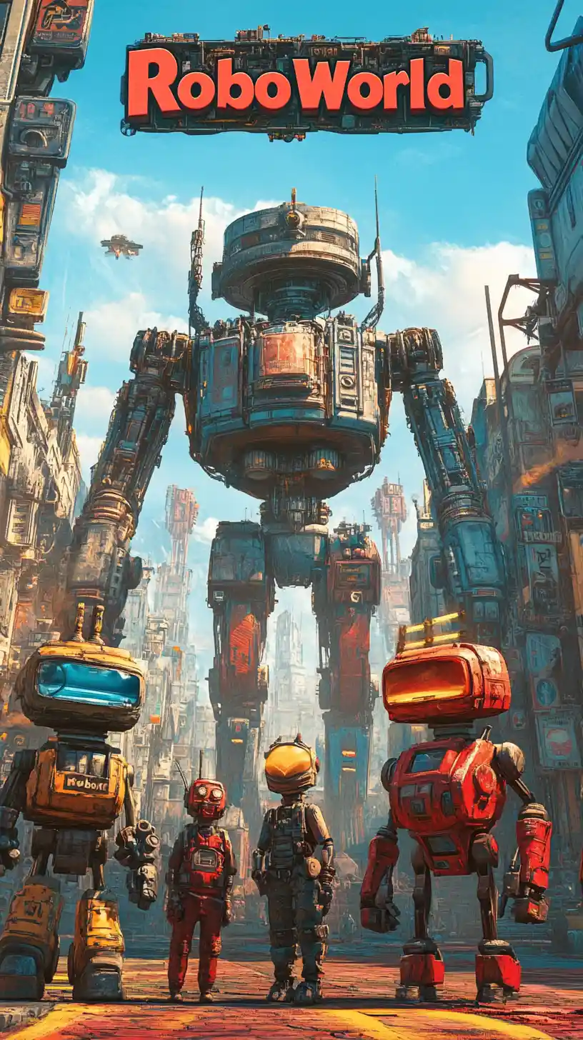 Colorful steampunk robots in front of mechanical fantasy city