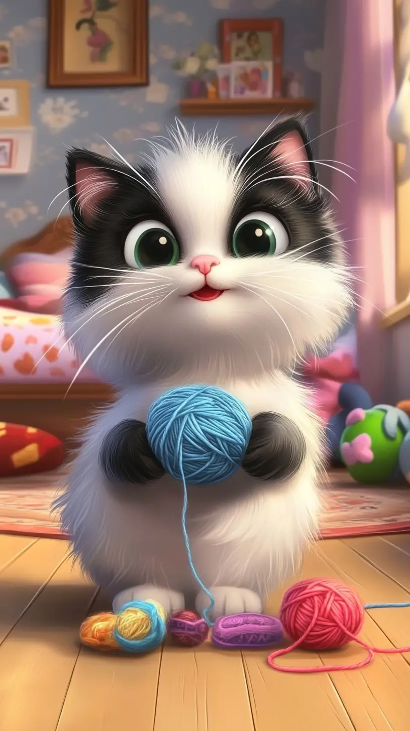Gatto cartoon bianco e nero giocherellone con gomitolo in camera da letto