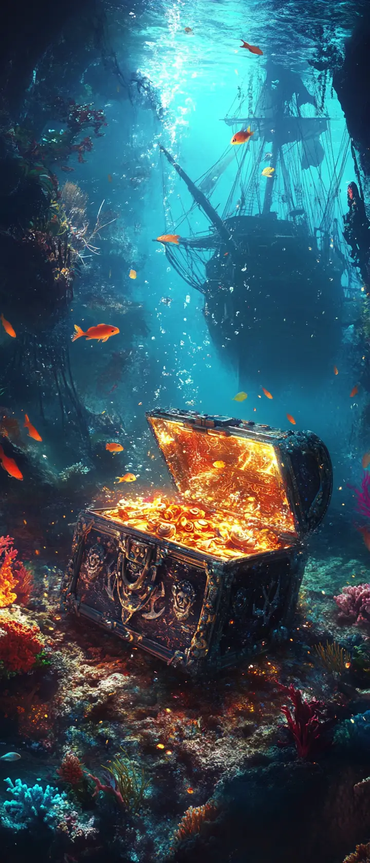 Sirenetta che apre il forziere del tesoro dei pirati incantato sott’acqua