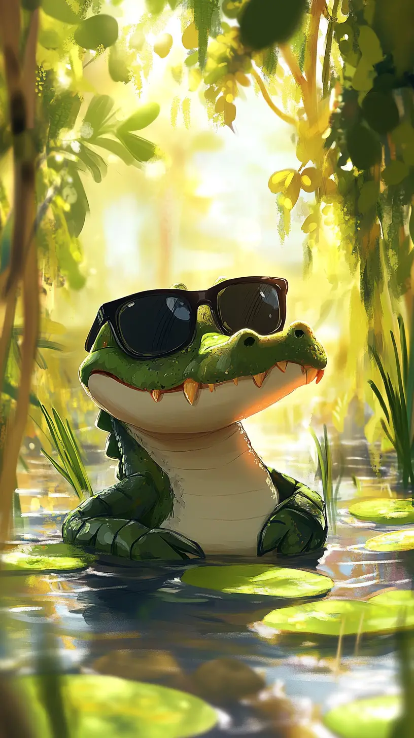 Cartoon-Alligator, der sich in einem sonnigen Waldteich entspannt