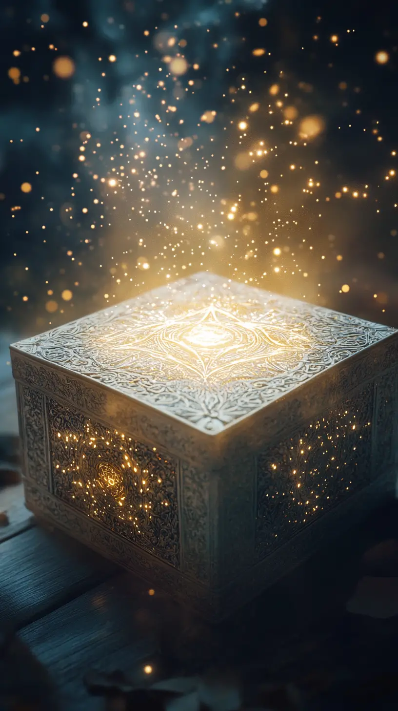 光るシンボルと神秘的な火花を放つ古代の魔法箱