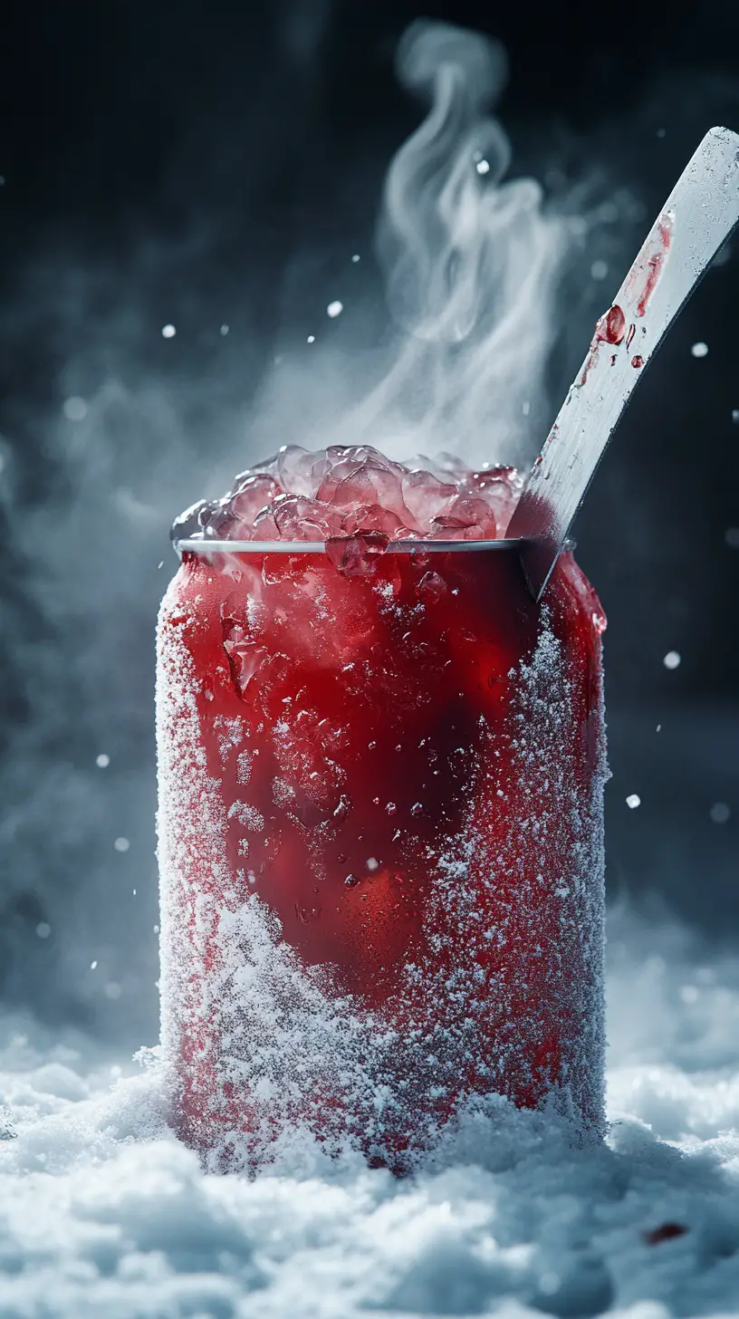 雪景特寫中的冰凍可樂罐蛋糕揭示畫面